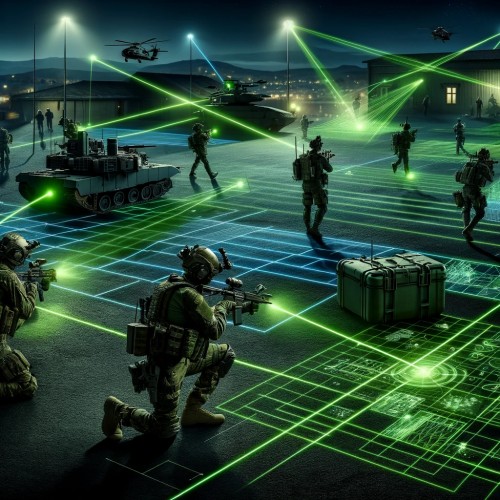 DALL·E 2024-03-26 10.24.55 - A futuristic military scene at night, showcasing various applications of green lasers in defense and military operations. Include soldiers using green.jpg
